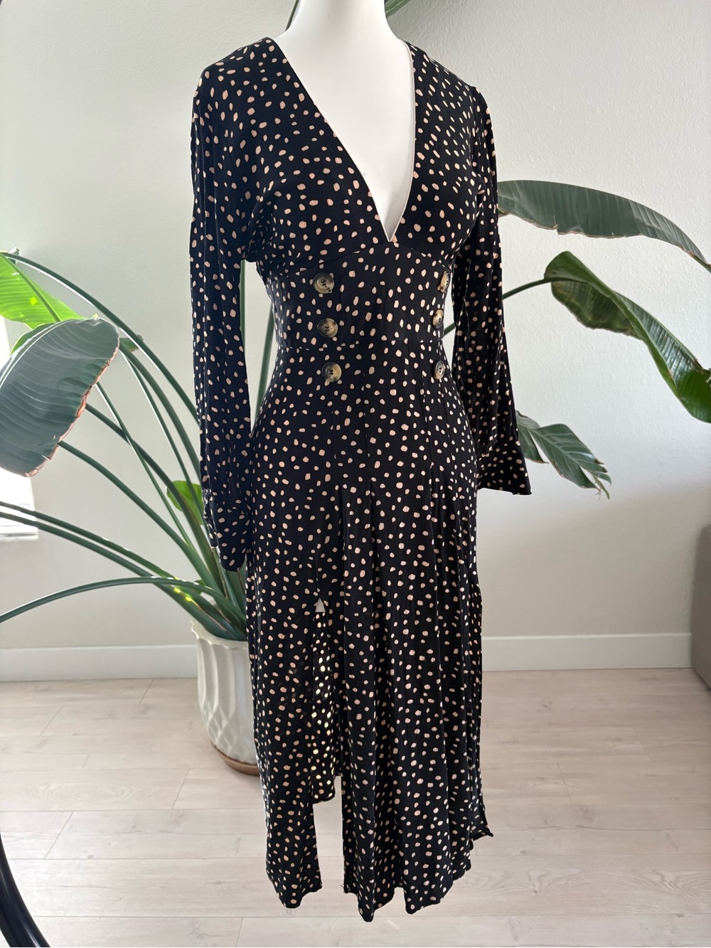 Topshop PETITE Black Midi Dress with Beige Polka Dot Print